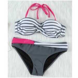 Women's Sexy Striped Bowknot Print Two Piece Swimsuit Low Rise Cross Back Bikini